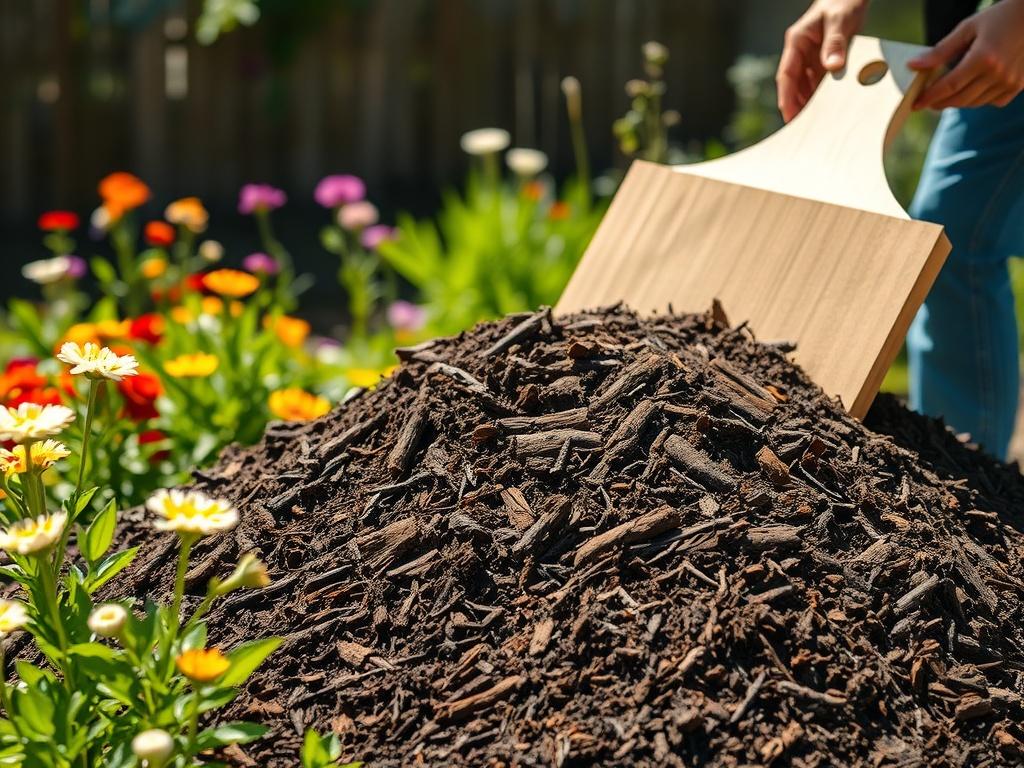 A realistic high-resolution photo of a pile of natural mulch being spread in a garden. The mulch is dark brown with a textured appearance, surrounded by vibrant flowers and greenery. Bright sunlight illuminates the scene, highlighting the richness of the mulch and the beauty of the garden.