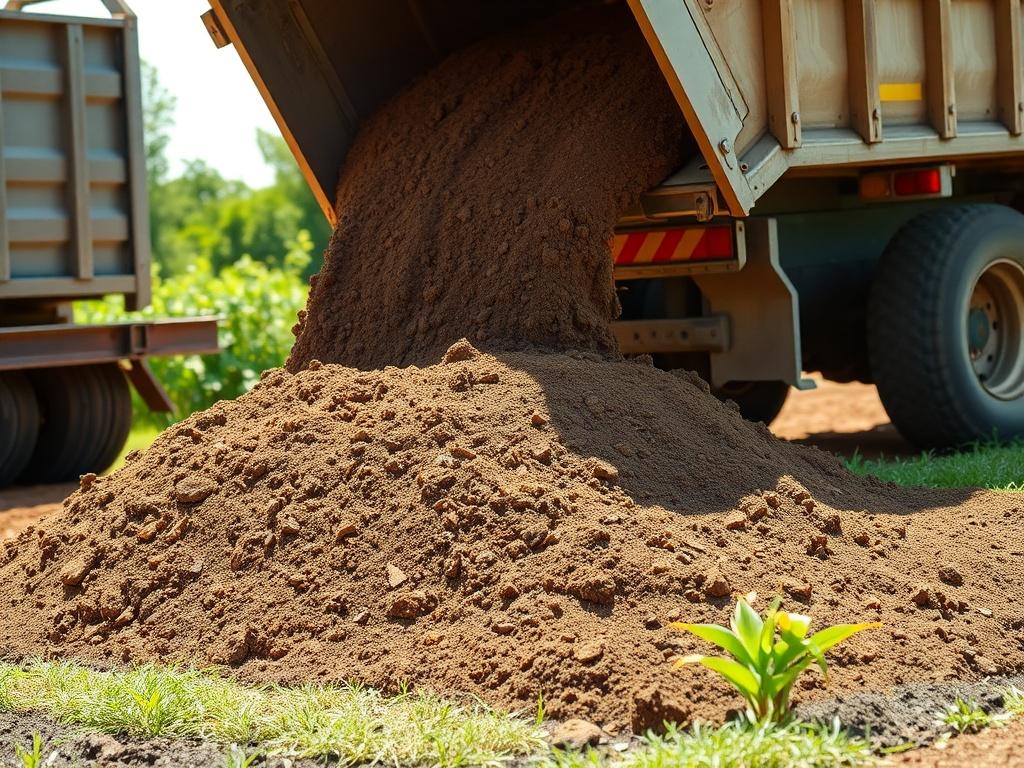 A realistic high-resolution photo of a truck unloading premium screened topsoil in a bright, sunny outdoor setting. The scene shows rich brown soil being deposited onto a well-prepared garden area, with greenery in the background. The soil appears fresh and nutrient-rich, giving a sense of quality and abundance.