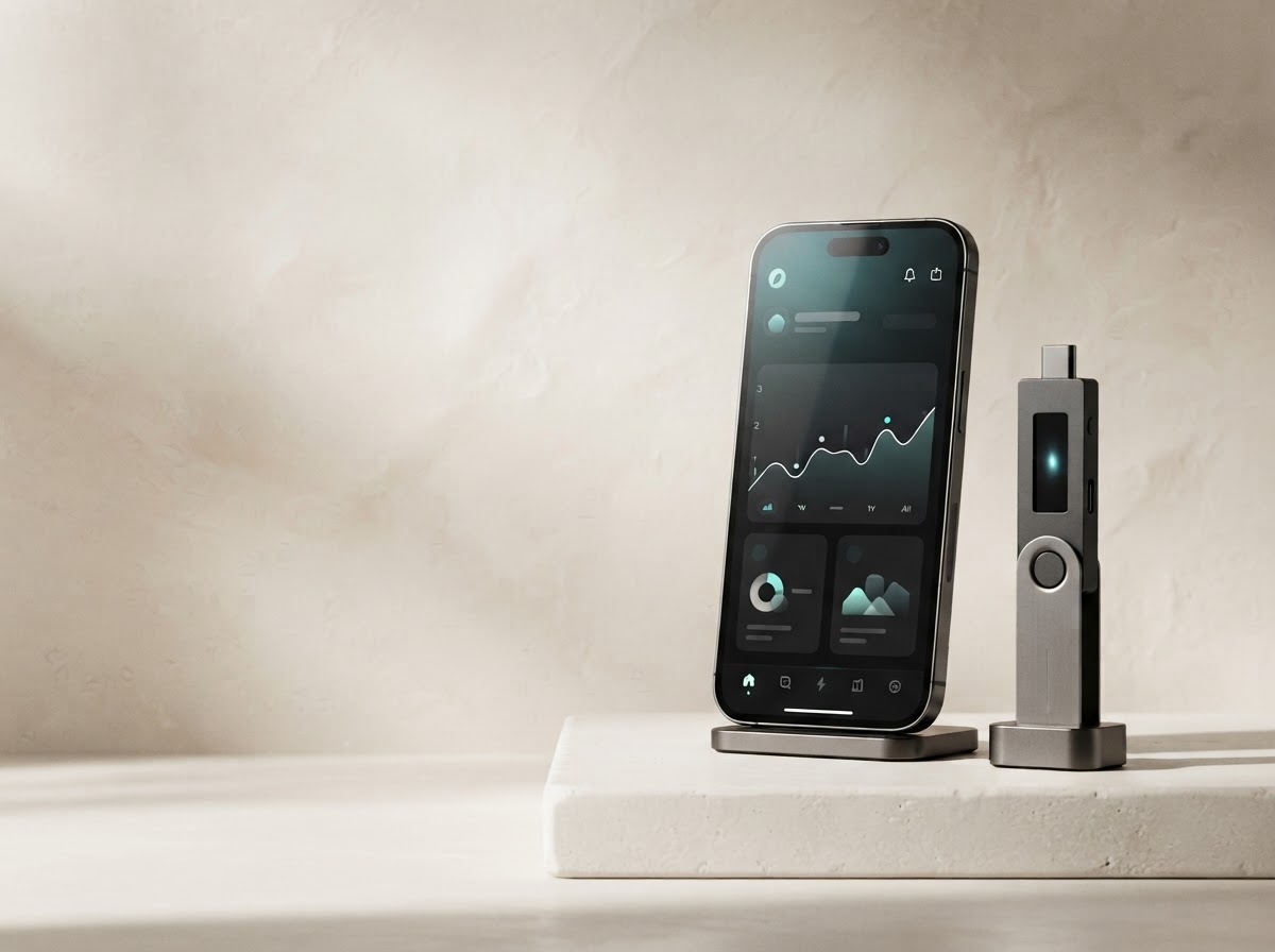 A Trezor hardware wallet beside a phone displaying a crypto portfolio