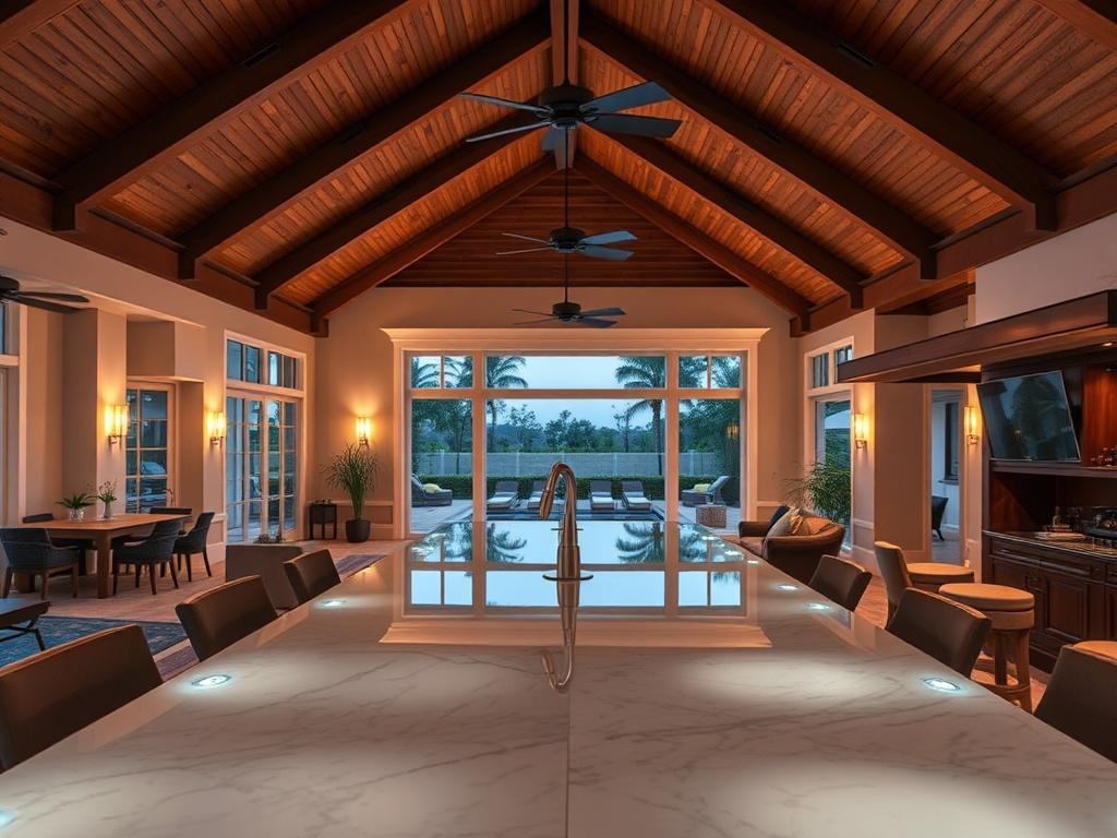 A hyper-realistic close-up shot of a beautifully designed custom poolhouse bar and lounge. The image should feature the stunning epoxy-finished bar area, illuminated by soft LED lights, with a view of the pool area in the background. The interior should showcase a cathedral ceiling with elegant wooden beams, luxurious furnishings, and modern decor, creating a resort-style atmosphere. The lighting should be warm and inviting, highlighting the details of the space.