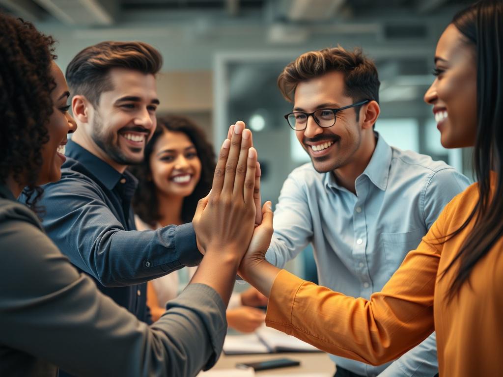 A realistic close-up image of a diverse group of employees in an office setting, engaged in a moment of genuine peer recognition. One employee is enthusiastically giving a high-five to another, with smiles all around. The background should be a softly blurred office environment, emphasizing the warmth and camaraderie of the moment. The image should have vibrant, inviting colors that complement the primary color rgb(243, 153, 62), creating a feeling of positivity and teamwork.