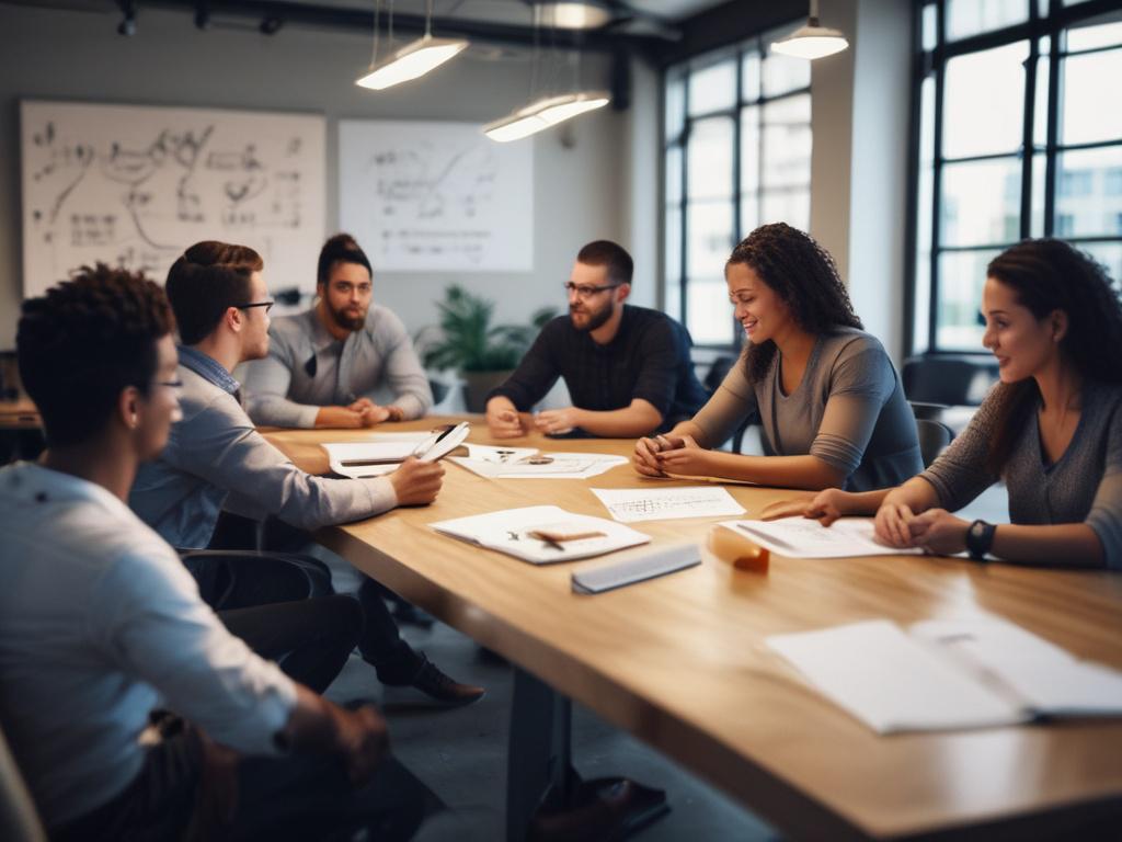 A high-resolution close-up photo of a diverse group of professionals in a collaborative workspace, engaged in a brainstorming session. The focus is on one person presenting ideas with enthusiasm, while others show engagement and interest. The background features a modern office environment with plants and natural light, enhancing a vibrant and inclusive atmosphere. The image captures a sense of teamwork and innovation, shot with a 45mm f/1.2 lens style, compatible with the primary color rgb(243, 153, 62).