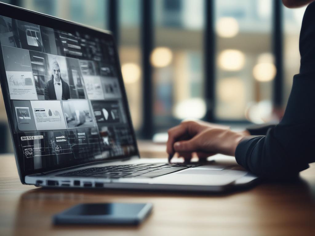 A close-up shot of a person typing on a laptop in a modern office setting. The focus should be on the laptop screen displaying a well-designed website with engaging content. The background should be softly blurred to emphasize the subject. The lighting should be bright and natural, creating a welcoming atmosphere. The image should reflect a professional and creative environment, showcasing the importance of effective online content creation.
