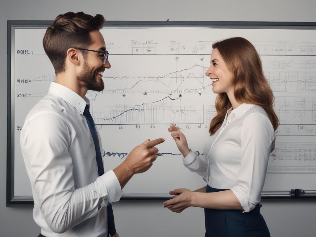 A man and a woman standing in front of a whiteboard, excitedly discussing a positive graph that is displayed on the whiteboard. The man, wearing a smart casual outfit, is pointing at the graph with enthusiasm, while the woman, dressed in a professional attire, is nodding in agreement. The background is bright and modern, with a few office plants to add a touch of greenery, emphasizing a collaborative and optimistic atmosphere.