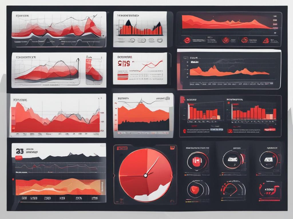 A flat-style vector illustration showing content performance measurement and analytics. The main subject is a dashboard or screen displaying graphs, charts, and engagement metrics such as clicks, conversions, and reach. The colors used are predominantly black and red, set against a clean and white background, creating a striking contrast that emphasizes the data presented.