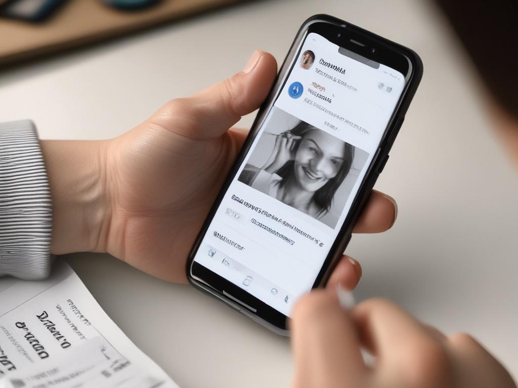 A close-up shot of a female hand holding a cellphone. The cellphone screen displays a LinkedIn post with a product introduction. The background is simple and uncluttered, focusing on the hand and the cellphone. The image should evoke a sense of professionalism and engagement with social media.