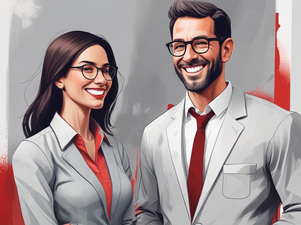 Create an image featuring two happy consultants, one male and one female, depicted in grey scales with vibrant red accents. They should be smiling and engaged in a collaborative discussion. The background should be white to enhance the focus on the consultants and their expressions. The male consultant should have short dark hair and be wearing a smart casual outfit, while the female consultant should have long hair and be dressed in a professional outfit. The overall composition should be simple and clear,