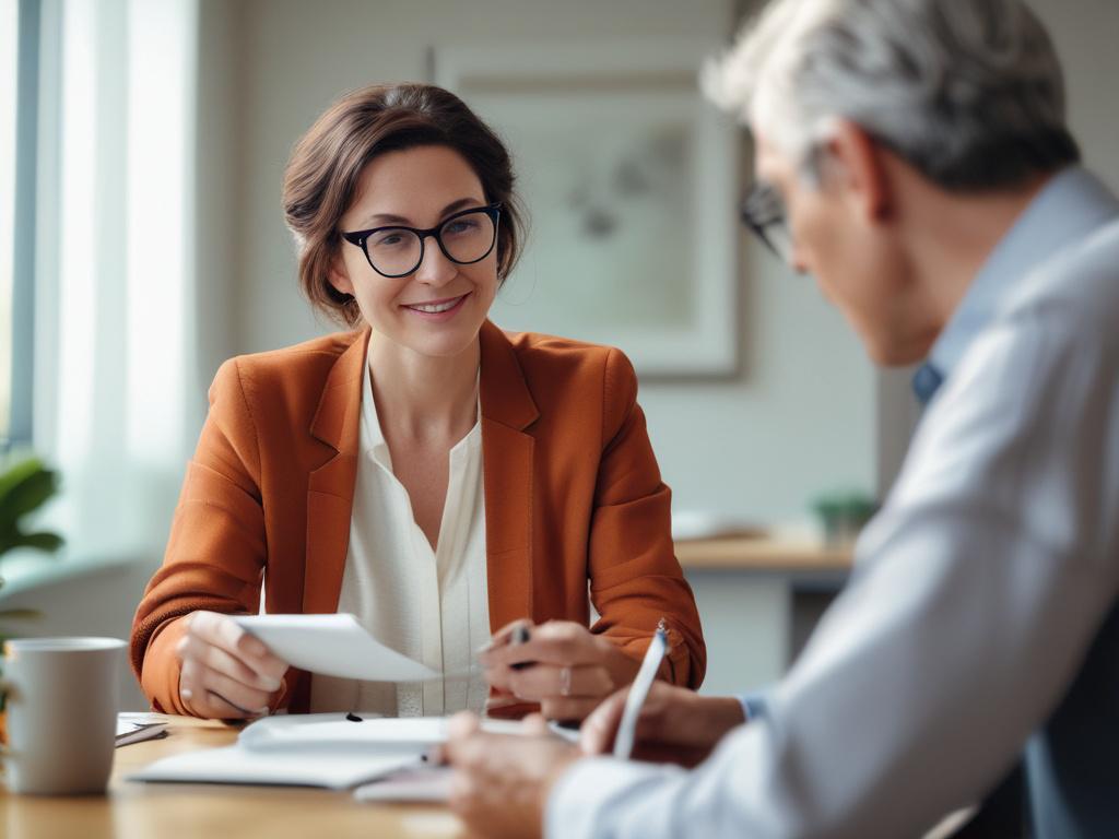 A close-up shot of a consultant and a client engaged in an intake session. The consultant, a middle-aged woman with glasses, is taking notes on a notepad, while the client, a young man in a casual shirt, is speaking animatedly. The background should be softly blurred to focus on their interaction, with a warm and inviting office environment. The lighting should be bright and natural, emphasizing a friendly and professional atmosphere.
