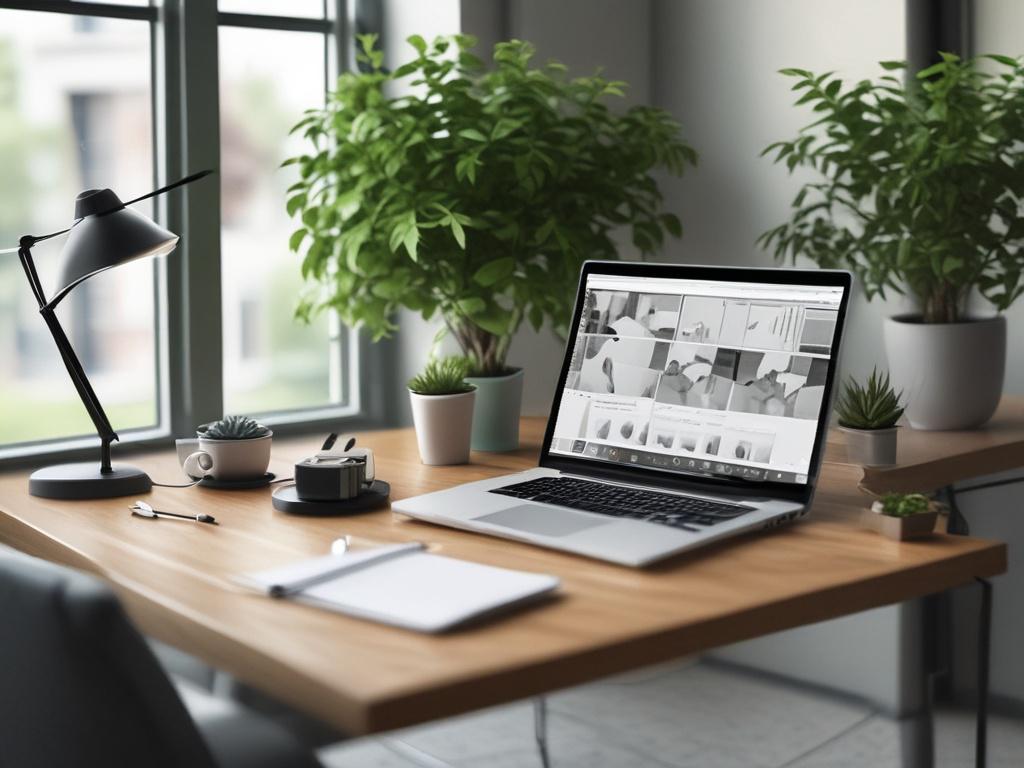 A close-up shot of a modern digital workspace featuring a laptop displaying a content management system. The background should include a sleek office environment with a hint of greenery, emphasizing productivity and innovation. The lighting should be bright and inviting, showcasing the technology in use. The image should be rendered in hyper-realistic style, focusing on the details of the laptop screen and the workspace.