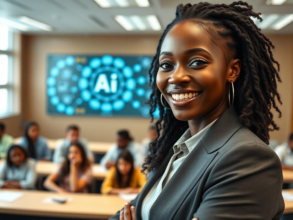 A close-up shot of an attractive African American woman standing in front of a classroom, passionately teaching about Artificial Intelligence at a university. She has a warm smile and is wearing professional attire. The classroom is filled with students, and there are digital screens displaying AI concepts in the background. The atmosphere is engaging and vibrant, showcasing an environment of learning and innovation.