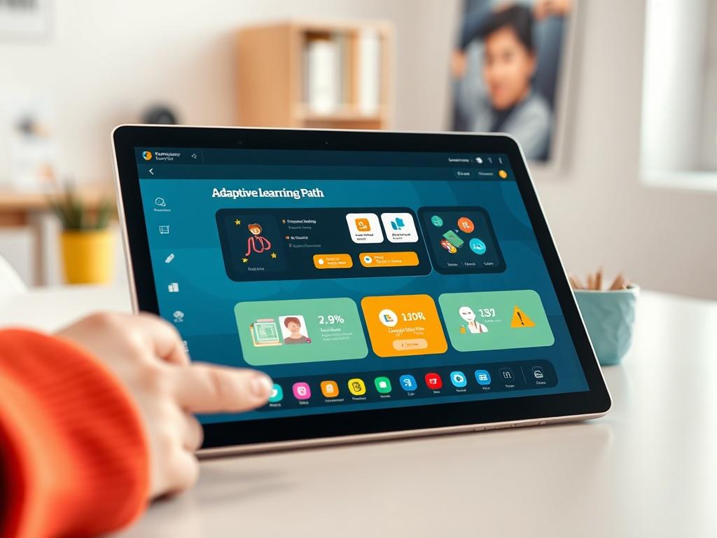 A close-up shot of a modern, interactive learning platform displayed on a tablet, showcasing an adaptive learning path. The background should be a clean, minimalistic workspace with soft lighting, emphasizing the technology and educational tools in focus. The image should convey innovation in education, with vibrant colors that align with a tech-savvy environment.