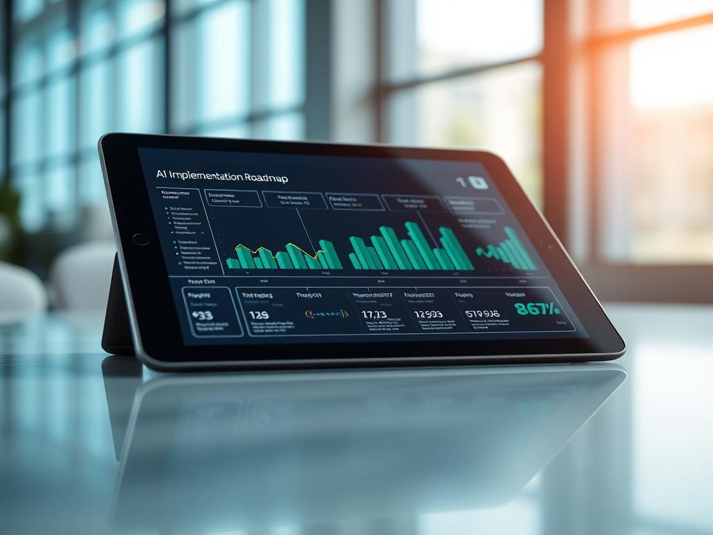 A close-up shot of a detailed AI implementation roadmap on a sleek digital tablet, showcasing charts and timelines. The background is a modern office environment, softly blurred to focus on the tablet. The color theme incorporates shades of blue and green, reflecting a tech-savvy atmosphere, with a hint of the rgb(4, 104, 120) primary color.