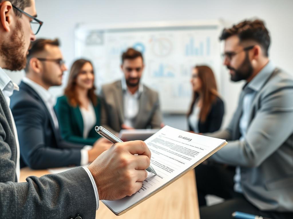 A close-up shot of a consultant discussing strategies with a business team in a modern office setting. The focus is on a notepad filled with notes, highlighting the collaborative atmosphere. The background features a whiteboard with diagrams and charts, symbolizing planning and assessment. The photo should be hyper-realistic and shot with a 45mm f/1.2 lens.