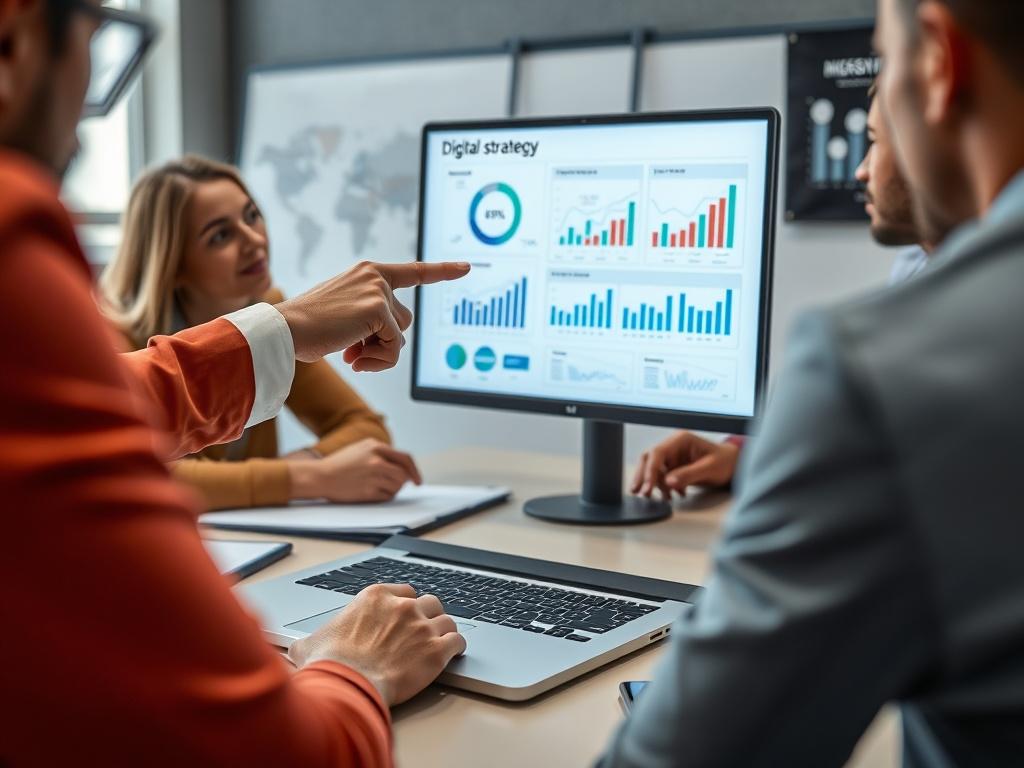 A close-up shot of a digital strategy presentation on a laptop screen, with a consultant pointing at key metrics. The background shows a team engaged in discussion, with charts and graphs visible. The image should be hyper-realistic, emphasizing the collaborative nature of strategy development and shot with a 45mm f/1.2 lens.