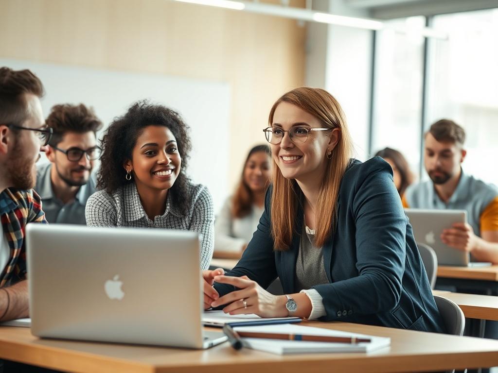 A high-resolution close-up shot of a diverse group of educators engaged in a training session, with laptops open and AI-related materials on the table. The focus is on a female educator explaining AI concepts with enthusiasm, while others attentively listen and take notes. The background is a modern classroom setting with bright lighting that emphasizes a collaborative learning atmosphere.