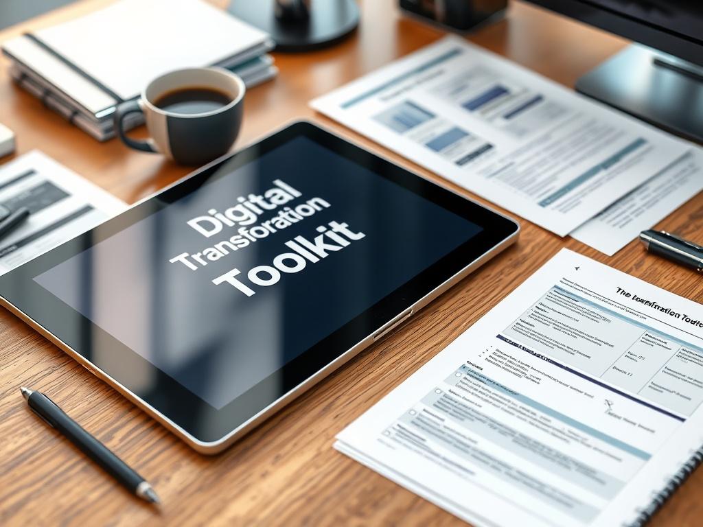 A hyper-realistic close-up shot of a well-organized desk with a Digital Transformation Toolkit open, featuring printed templates and checklists, a modern tablet displaying a digital strategy, and a cup of coffee in the background. The setting should convey a professional and productive workspace.