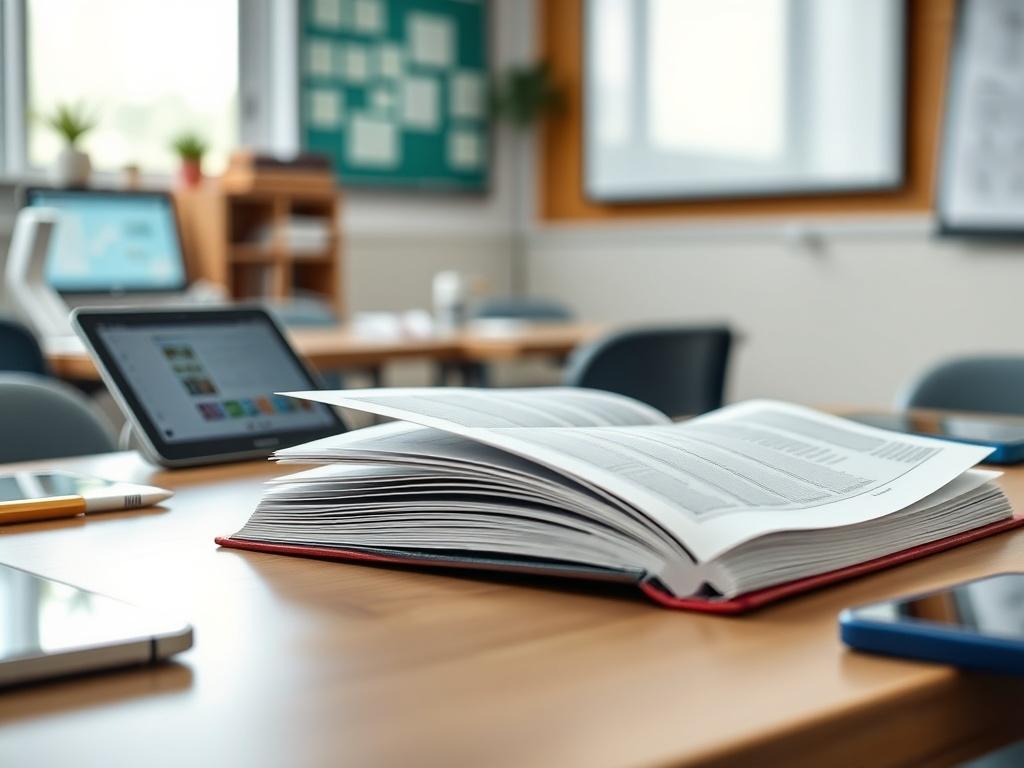 A hyper-realistic close-up shot of an open Educational Technology Guidebook on a table, surrounded by educational tools like tablets and interactive whiteboards, with a blurred classroom background. The scene should reflect an inviting and modern educational atmosphere.