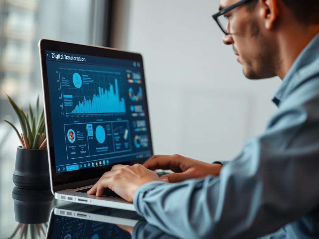 A close-up shot of a professional consultant working on a laptop with digital transformation graphics displayed on the screen. The background is softly blurred to emphasize the consultant, who is focused and engaged in the task. The image captures the essence of innovation and technology, with a color palette that complements the primary color rgb(4, 104, 120).