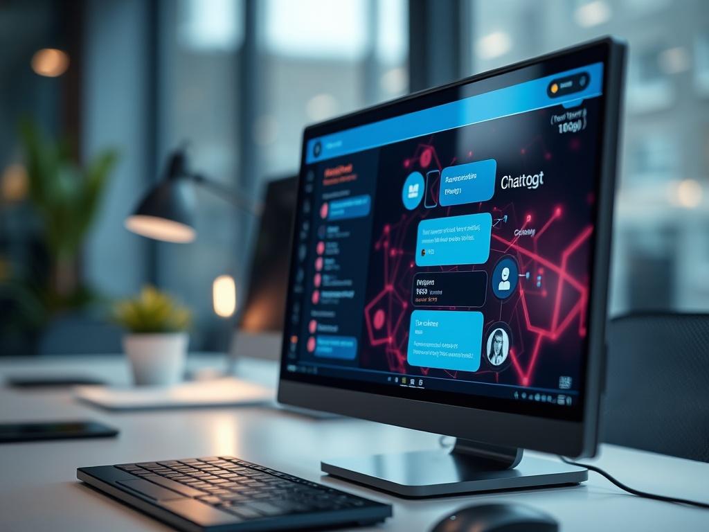 A sleek, modern workspace featuring a close-up of a digital screen displaying an AI chatbot interface. The background should be softly blurred, emphasizing the chatbot's vibrant design with interactive elements. The setting should convey a sense of innovation and technology, with subtle lighting that highlights the screen's details, capturing a sense of efficiency and customer engagement.