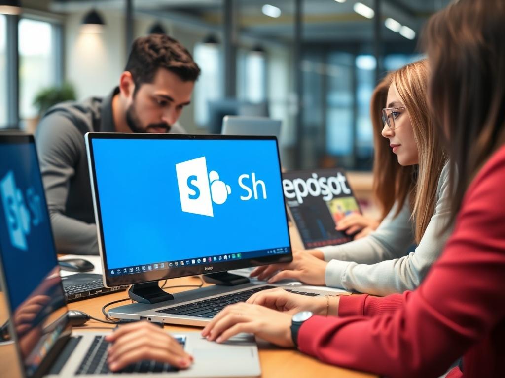 A close-up shot of a diverse group of developers collaborating on a project, each focused on their laptops. The scene includes a prominent SharePoint logo displayed on one of the screens. The developers are diverse in gender and ethnicity, showcasing teamwork and innovation in a modern office environment. The background is blurred to emphasize the developers and their laptops, creating a professional and engaging atmosphere. The lighting is bright and inviting, highlighting the technology and collaboration.