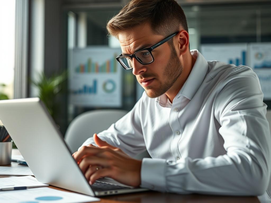 A close-up shot of a professional consultant analyzing data on a laptop, surrounded by charts and documents related to AI governance. The background should be softly blurred to emphasize the consultant's focused expression, conveying a sense of expertise and responsibility in AI compliance. The image should reflect a modern office environment, with a color palette that complements the rgb(4, 104, 120) primary color.