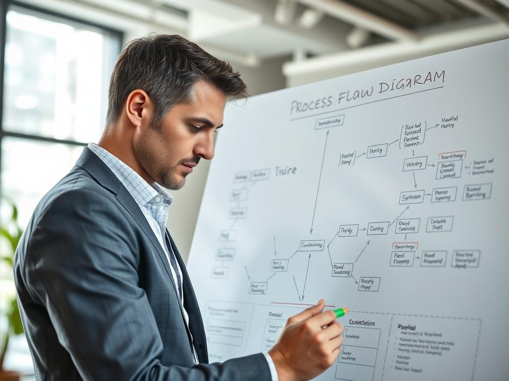 A focused individual, a professional in business attire, drawing a Process Flow Diagram on a large whiteboard. The diagram is detailed with various shapes, arrows, and labeled sections showcasing a clear workflow. The background is a modern office space with minimalistic decor and natural light coming through a window. The individual is using colorful markers to enhance the diagram, showcasing creativity and professionalism.