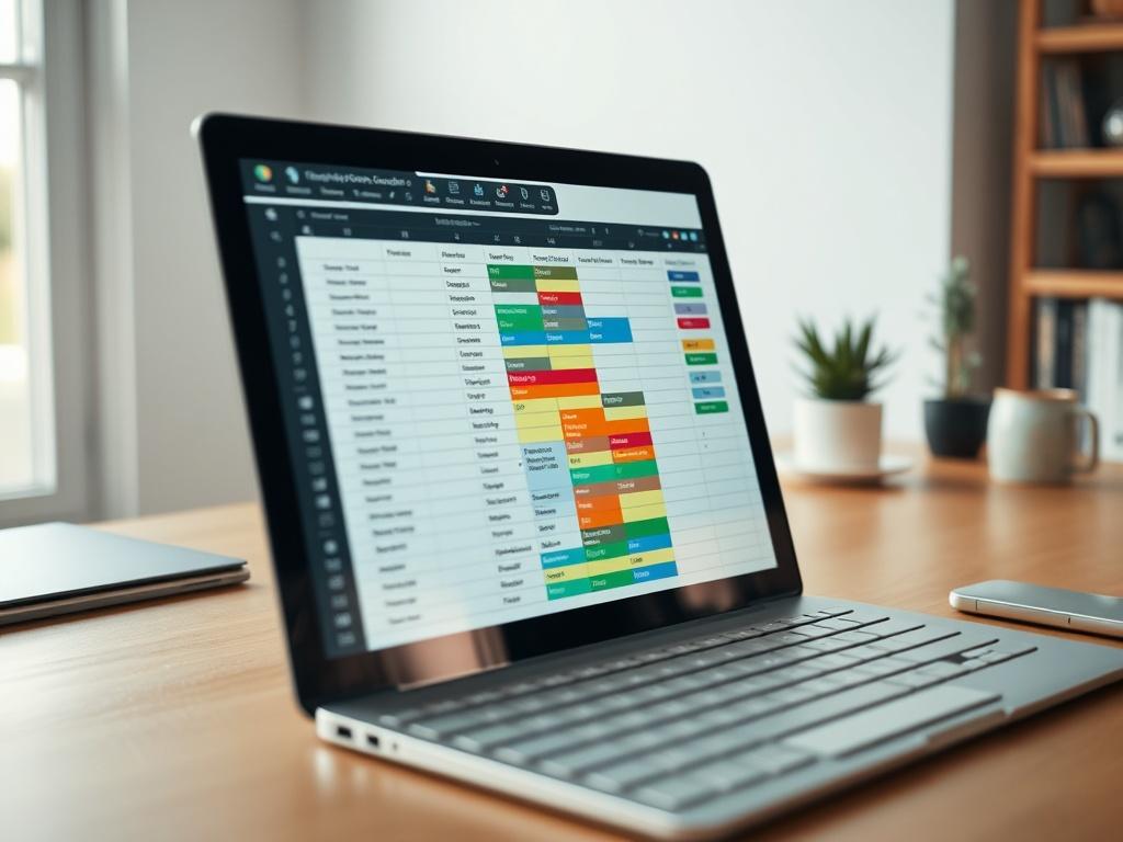 A realistic high-resolution close-up shot of a task spreadsheet graphic displayed on a clean, modern digital device. The spreadsheet should clearly show task names, deadlines, and status columns, with vibrant colors highlighting different tasks. The background should be a simple, uncluttered workspace, showcasing a wooden desk with minimal distractions, and soft natural light illuminating the scene. The focus should be on the spreadsheet, emphasizing its usability and clarity.