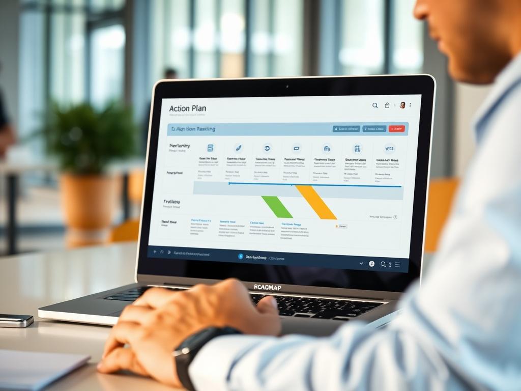A close-up shot of a professional consultant reviewing a digital roadmap on a laptop, with a blurred background of a modern office space. The focus is on the screen displaying an action plan with visual elements highlighting timelines and tools. The lighting should be bright and inviting, with warm tones enhancing the professional atmosphere.
