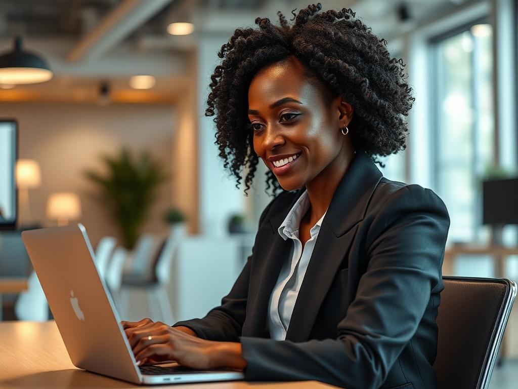 A professional black woman sitting at a modern desk, engaged in a Zoom call. Her laptop screen displays several people in a video conference. The woman is focused, wearing professional attire, and has a slight smile, conveying confidence and engagement. The background is a clean, well-organized office space with soft lighting, giving a warm and inviting feel.
