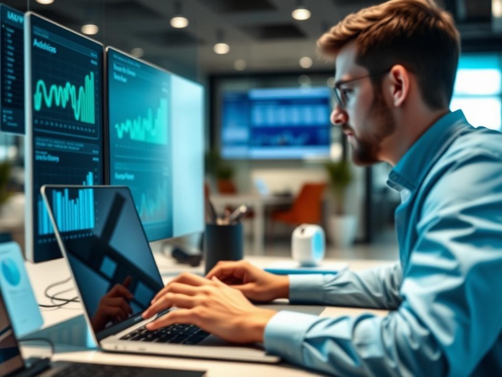 A close-up shot of a digital dashboard displaying analytics and graphs, with a person analyzing data on a laptop in a modern office setting. The background should be blurred to focus on the dashboard and the person. The color scheme should incorporate shades of teal to align with the primary color rgb(4, 104, 120).