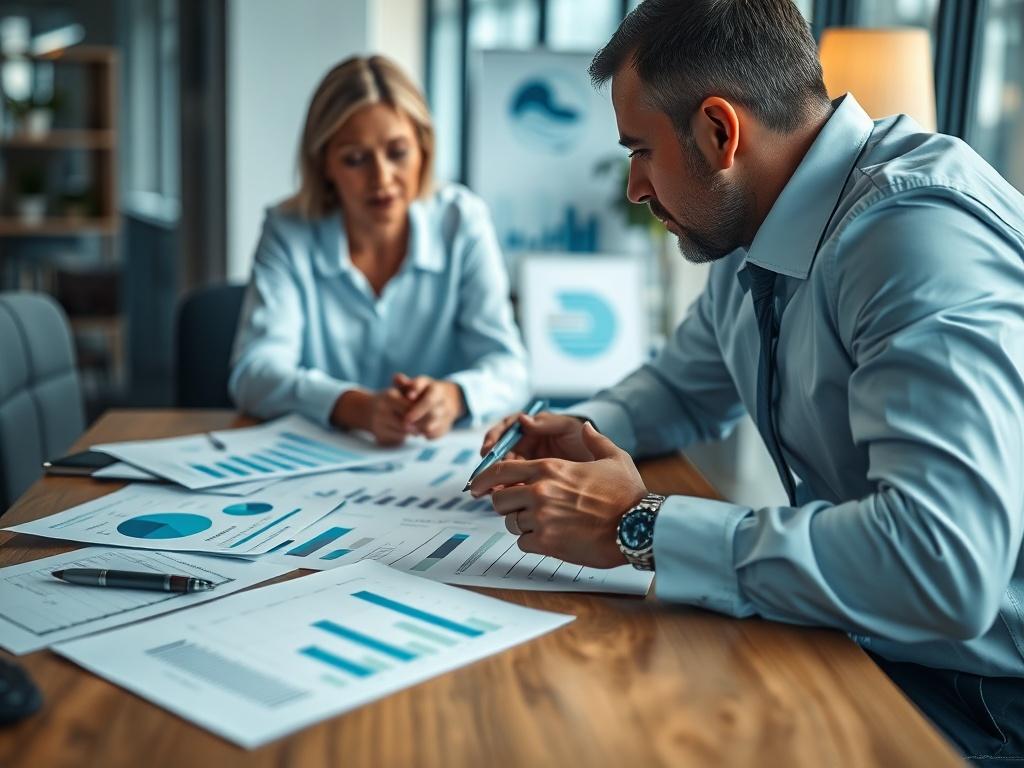 A close-up shot of a business consultant discussing strategies with a client over a table covered with charts and reports. The setting should have a professional ambiance with soft lighting, and the color scheme should feature teal accents. The focus should be on the charts and the interaction between the individuals.