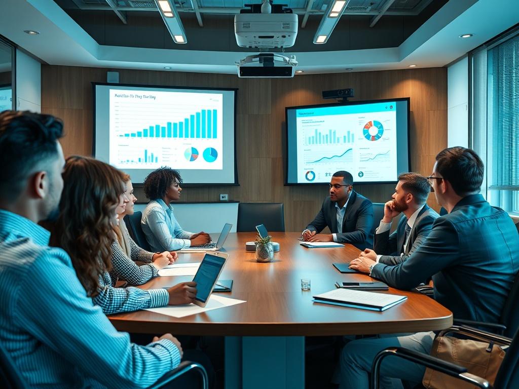 A close-up shot of a boardroom meeting in progress, showing a diverse team engaged in discussion with a projector displaying analytics. The room should reflect a corporate environment, with a focus on teamwork and strategy. Teal elements should be included in the décor.