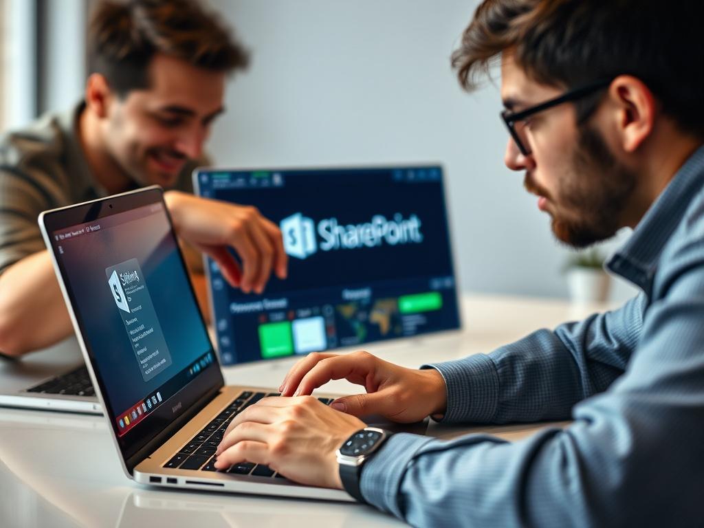 A close-up shot of two developers working collaboratively on a laptop. One developer is pointing at the screen, while the other is typing. The laptop prominently displays the SharePoint logo on the screen, indicating a focus on collaboration and digital transformation. The background is softly blurred, highlighting the developers and the laptop, creating an engaging and professional atmosphere. The scene is well-lit, showcasing the developers' concentration and teamwork.