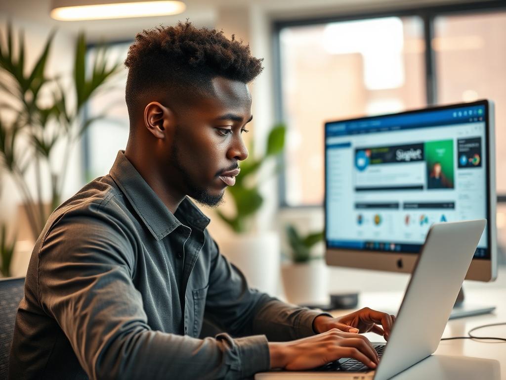 A close-up shot of an African American man focused on developing a SharePoint site. He is sitting at a modern desk with a laptop open in front of him. The background features a bright office environment with green plants and a computer screen displaying SharePoint interface. The lighting is warm and inviting, emphasizing the man's concentration and professional demeanor. The image is shot with a 45mm f/1.2 lens style, capturing a hyper-realistic detail.
