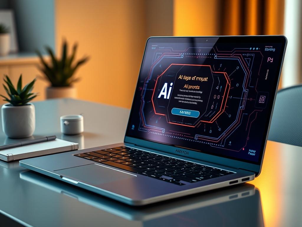 A high-resolution close-up shot of a sleek, modern laptop positioned on a stylish desk. The laptop screen displays vibrant, eye-catching AI prompts, showcasing a futuristic interface. The desk is minimalistic, with a few decorative items like a plant and a notebook, contributing to a professional yet inviting atmosphere. The background is softly blurred to keep the focus on the laptop and its screen, with warm lighting enhancing the overall aesthetic.