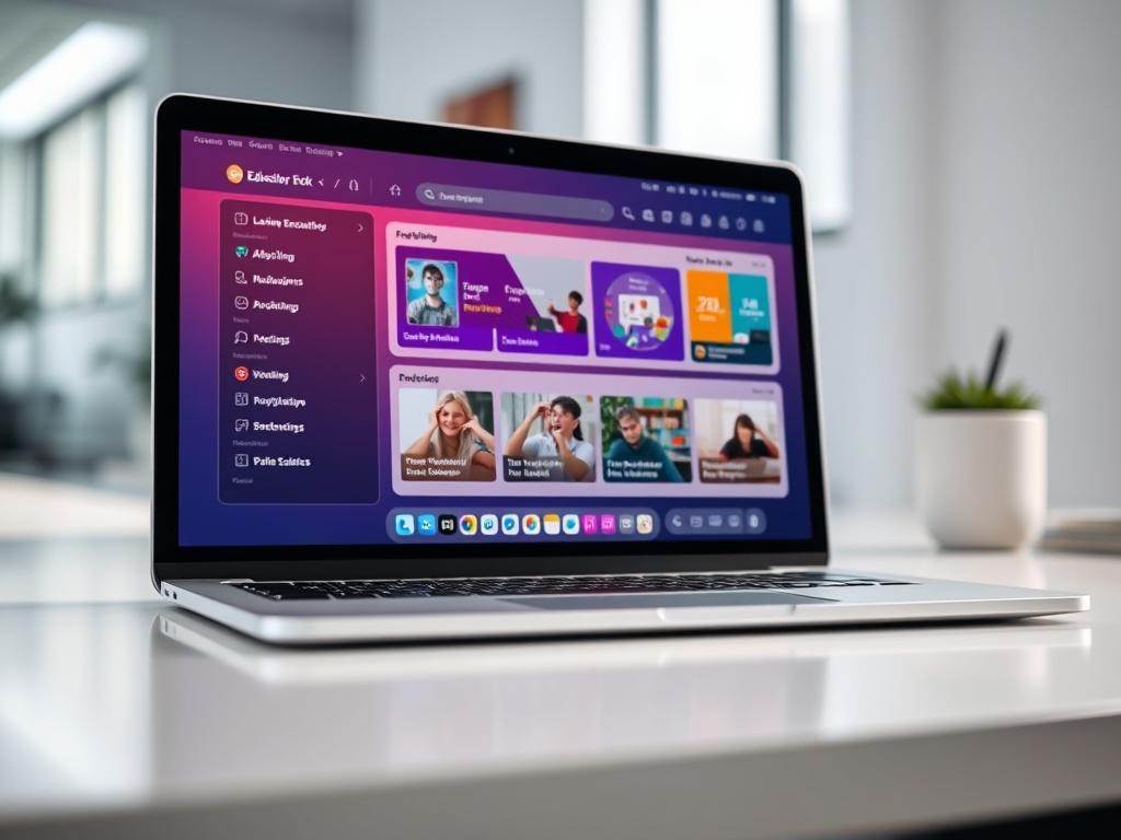 A highly detailed close-up shot of a sleek, modern Learning Management System interface displayed on a laptop screen, with vibrant colors and user-friendly navigation elements. The background should be a clean, minimalistic workspace with soft lighting, emphasizing the digital aspect of education technology. Focus on the laptop and the screen, showcasing engaging educational content.