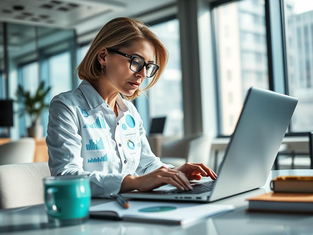 A close-up shot of a professional consultant analyzing data on a laptop in a modern office setting. The consultant, a middle-aged woman with glasses, is focused on the screen displaying complex charts and graphs. The background features sleek office furniture and a large window letting in natural light, creating a productive atmosphere. The color palette includes shades of teal and white, harmonizing with the company's primary color (rgb(4, 104, 120)). The image should convey professionalism, technology, an