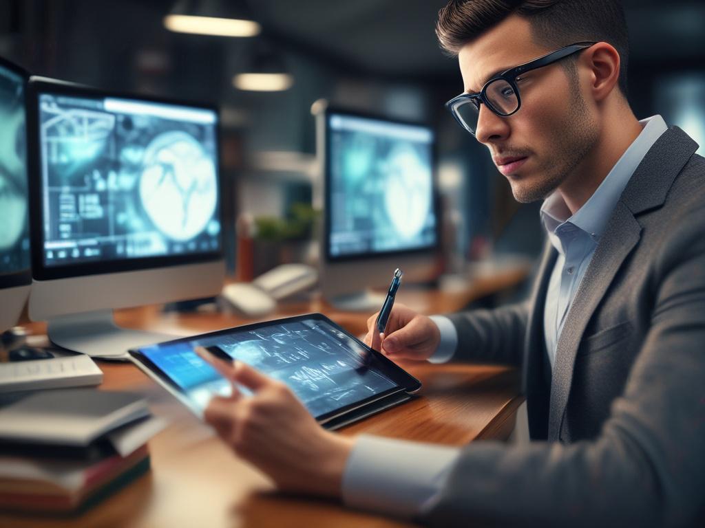 A hyper-realistic close-up shot of a focused professional working on a digital tablet with educational technology and AI interfaces visible on the screen. The image uses a 45mm f/1.2 lens style, emphasizing sharp detail on the person's hands and the screen. The background is softly blurred in shades of rgb(4, 104, 120), creating a professional and modern atmosphere.