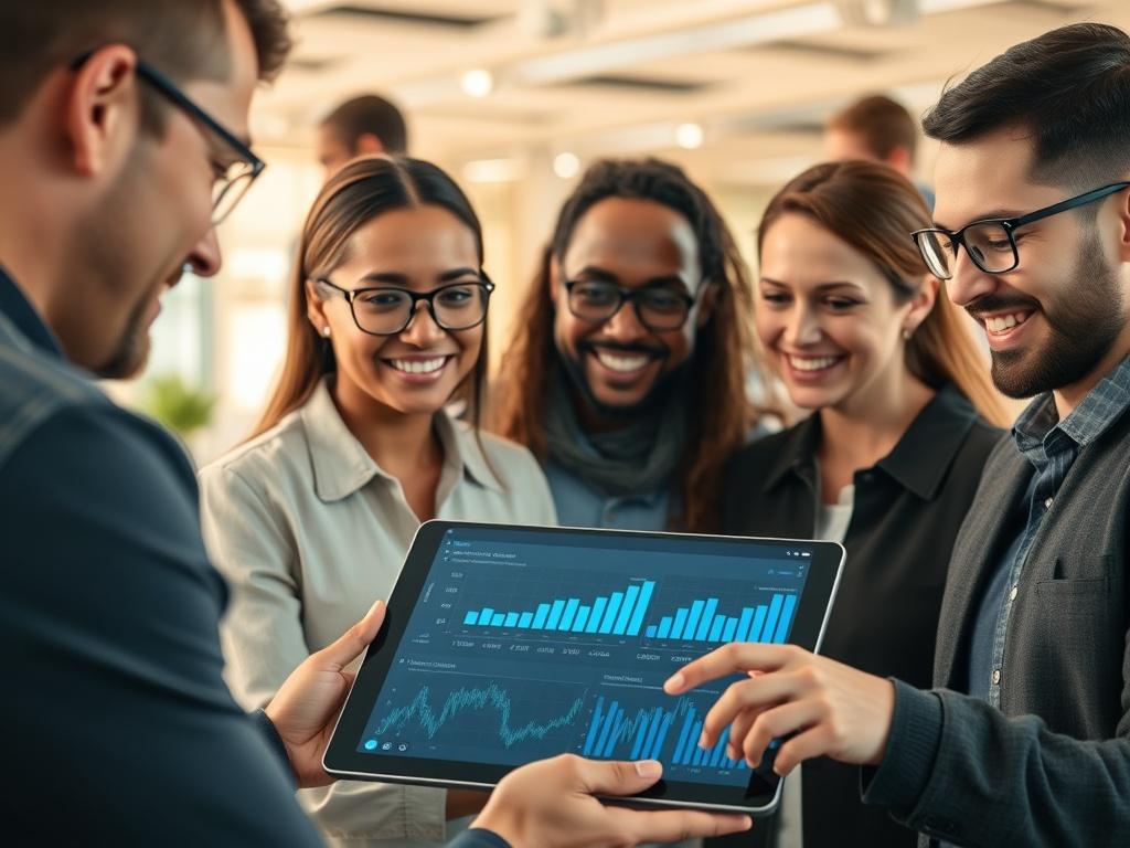 A close-up shot of a diverse team engaged in a training session, surrounded by modern technology and AI tools, with a clear focus on a digital tablet displaying AI analytics. The background should be a bright, modern office space, emphasizing collaboration and innovation. The lighting should be warm and inviting, highlighting the expressions of concentration and enthusiasm on the team's faces. The image should evoke a sense of empowerment and learning.