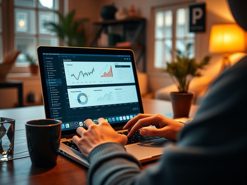 A close-up shot of a person engaging in a webinar on a laptop, with a clear focus on the screen showcasing data analytics. The background should be a cozy workspace with a warm atmosphere, using colors compatible with the rgb(4, 104, 120) primary color.