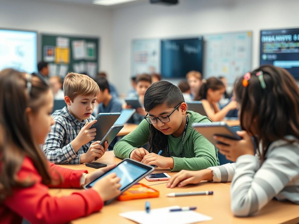 A high-resolution image of a classroom filled with students using tablets and interactive whiteboards, engaged in a collaborative project. The composition highlights the students' enthusiasm and focus, with vibrant colors reflecting a lively learning environment.