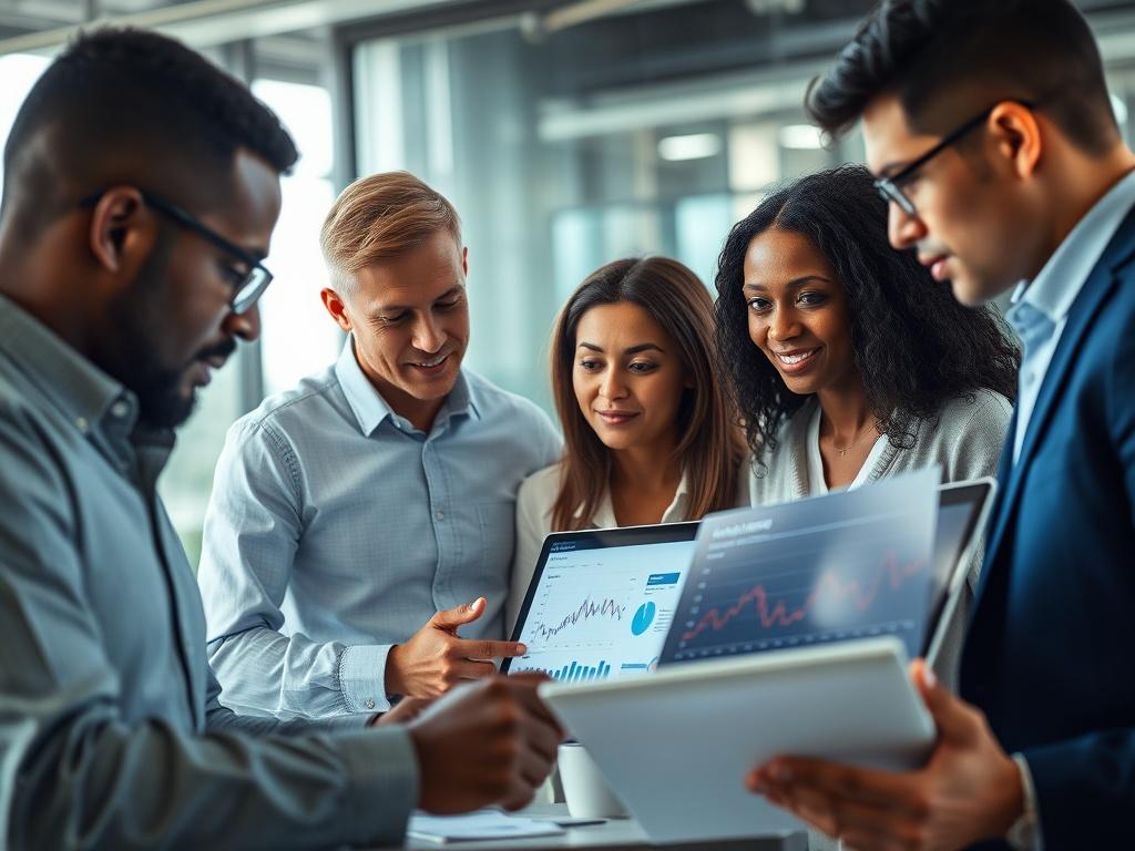A close-up shot of a diverse group of professionals collaborating over digital devices, showcasing graphs and analytics on screens. The background features a modern office setting with bright, natural light. The composition focuses on the individuals engaged in discussion, emphasizing teamwork and innovation.