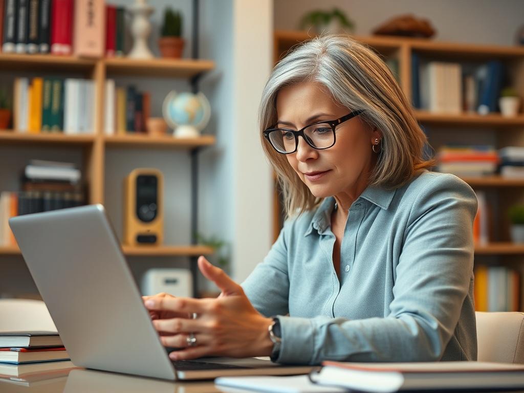 A focused close-up shot of a professional consultant in a modern office setting, reviewing educational technology solutions on a laptop. The consultant, a middle-aged woman with glasses, is engaged in thoughtful analysis. The background features shelves with educational books and digital devices, creating an inspiring atmosphere. The color scheme incorporates elements of rgb(4, 104, 120) for a cohesive look.