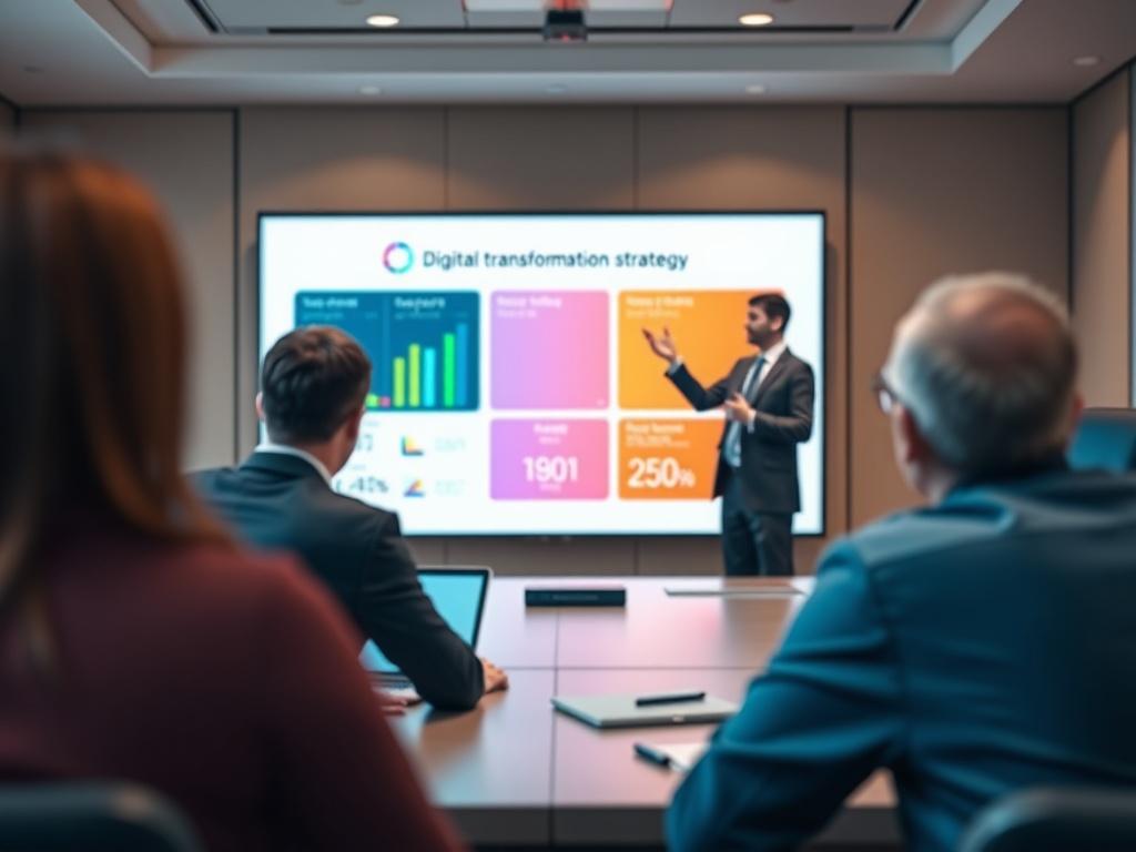 A close-up shot of an executive presenting a digital transformation strategy on a large screen in a boardroom, with attentive team members in the foreground. The background should be elegantly blurred to focus on the presentation. The color scheme should align with rgb(4, 104, 120).