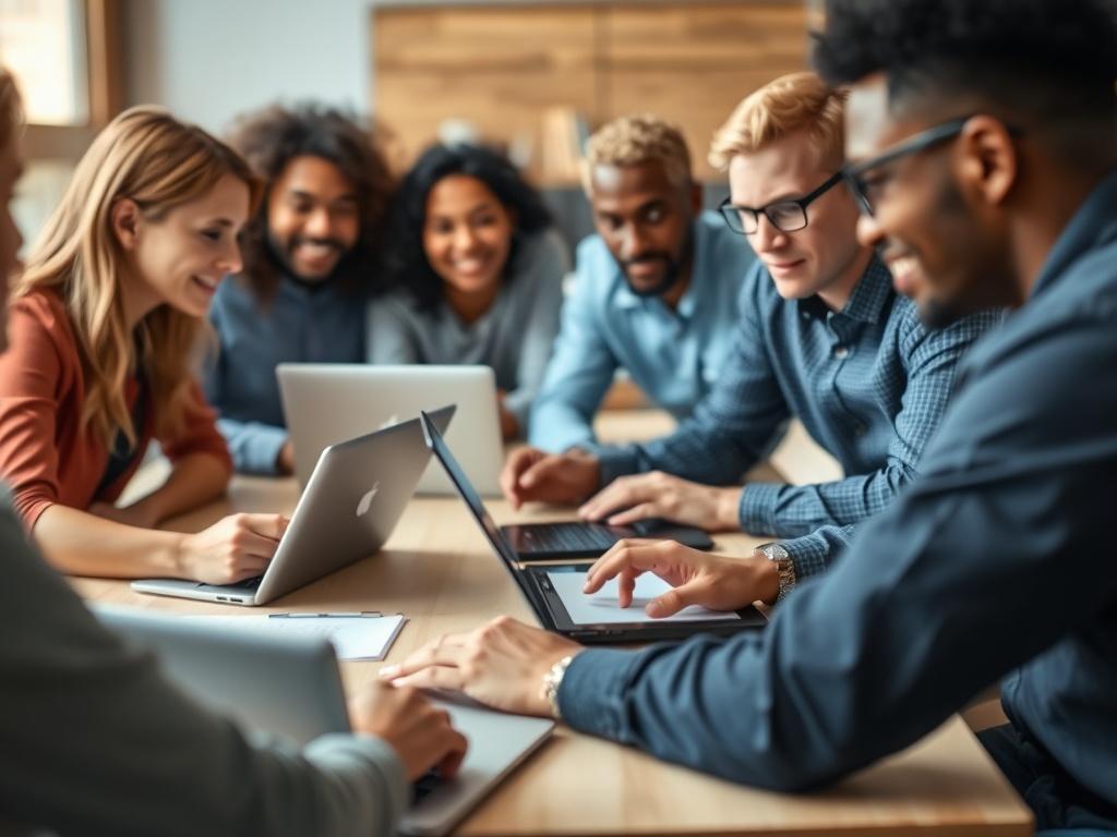 A close-up shot of a diverse team collaborating around a table with laptops and digital devices, showcasing engaged discussions about technology implementation. The background should be softly blurred, highlighting the teamwork and innovation. The primary color should reflect rgb(4, 104, 120).