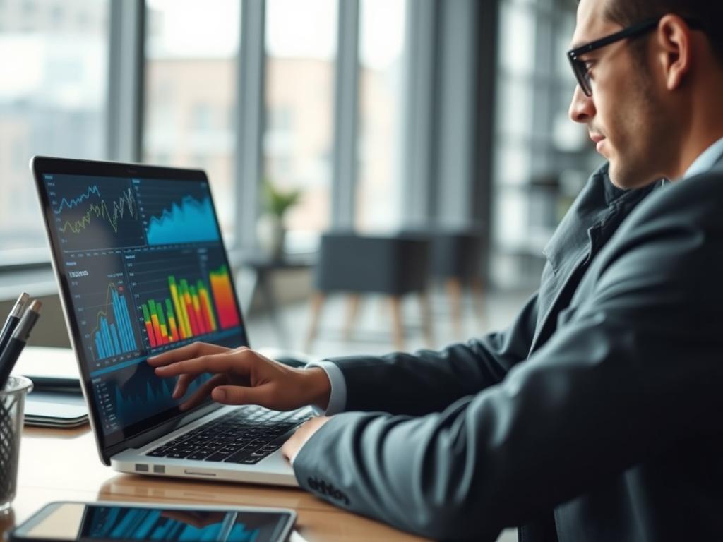 A close-up shot of a business consultant analyzing data on a laptop in a modern office setting, with a focus on a digital screen displaying analytics graphs. The background should be blurred to emphasize the consultant's focused expression. The color scheme should match rgb(4, 104, 120).