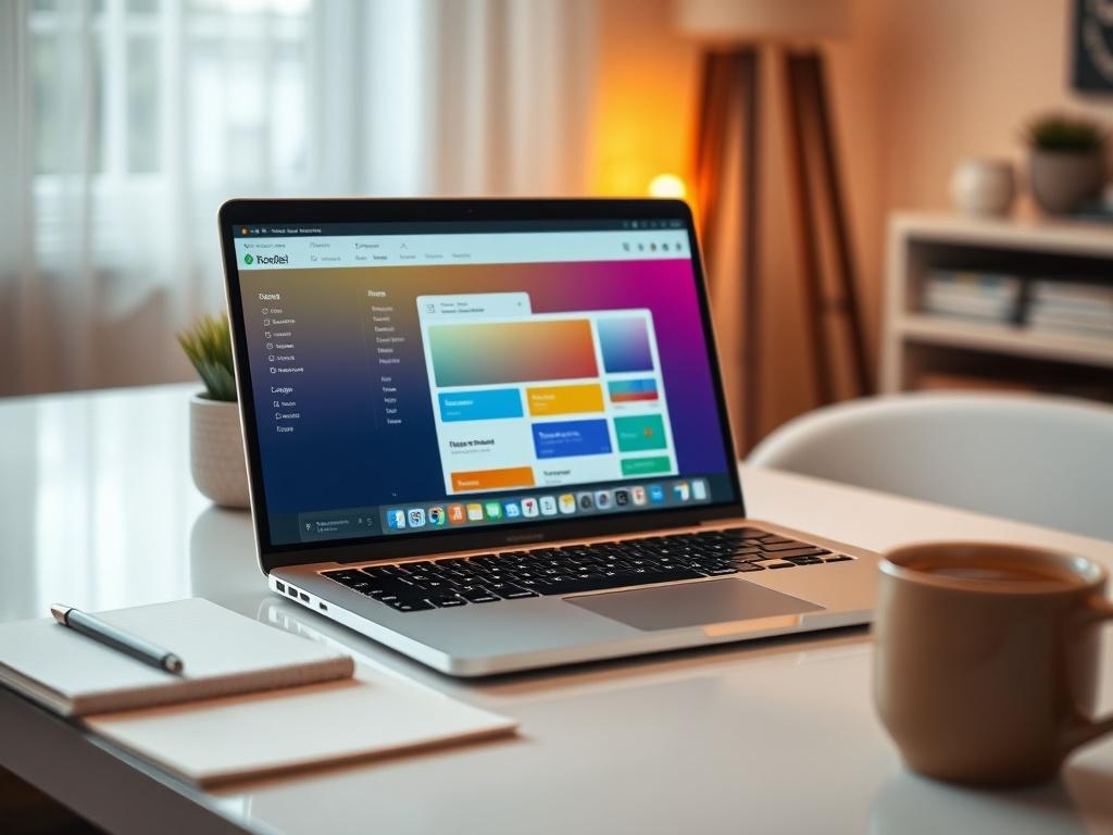 A realistic high-resolution photo of a digital template on a modern laptop screen. The laptop is placed on a clean, minimalistic desk with a notepad and a coffee cup beside it. The background is softly blurred to focus on the laptop screen, which displays a colorful, user-friendly digital template interface. The lighting is warm and inviting, capturing a cozy workspace ambiance.