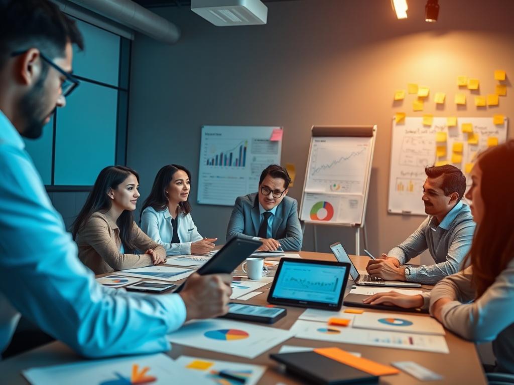 A diverse team of consultants brainstorming around a large table, with charts and digital devices showing analytics and strategy maps. The atmosphere is dynamic and collaborative, with sticky notes and a whiteboard filled with ideas.
