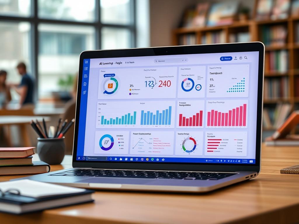 A high-resolution close-up shot of a sleek, modern Learning Management System interface on a laptop screen. The screen displays vibrant AI-powered dashboards with analytics and user-friendly navigation. The background is a softly blurred educational environment, showcasing books and learning materials, conveying a sense of innovation and accessibility in education. The image is rendered in hyper-realistic detail, focusing on clarity and simplicity.