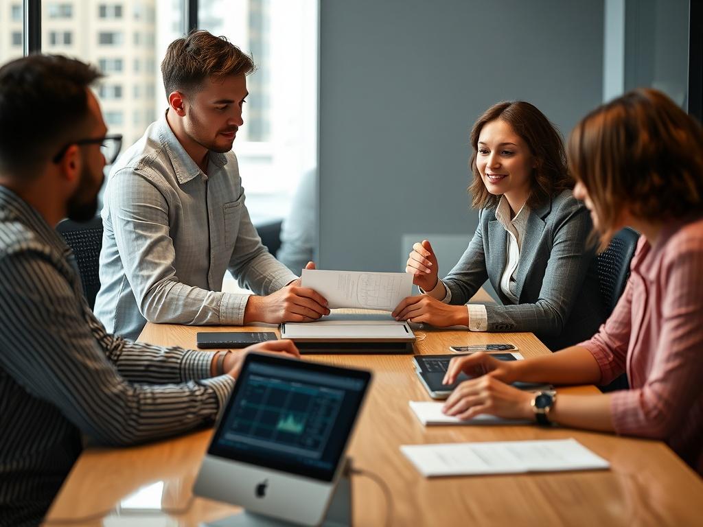 A close-up shot of a team member providing training to employees around a conference table, with technology tools on display. The setting should convey an engaging learning environment focused on the implementation of new systems.
